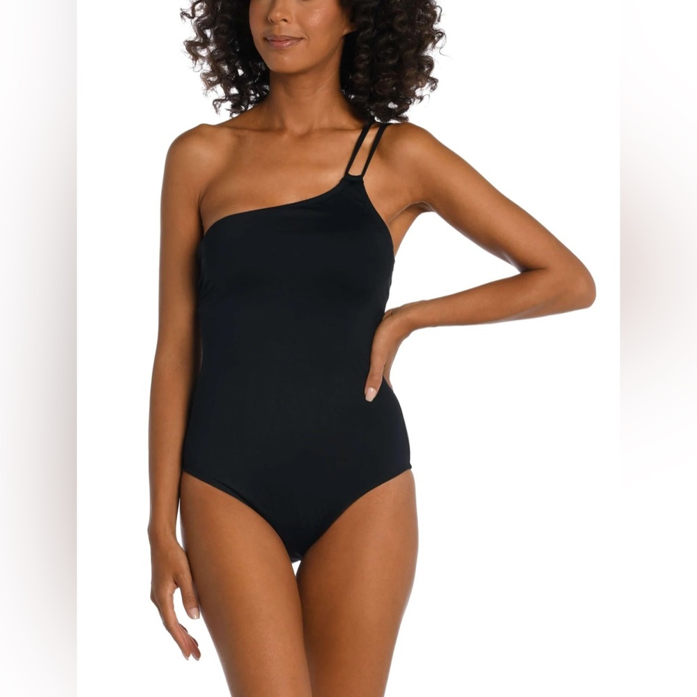 La Blanca Island Goddess Black Lace Back 1pc Swimsuit 12 Large NWT‎
